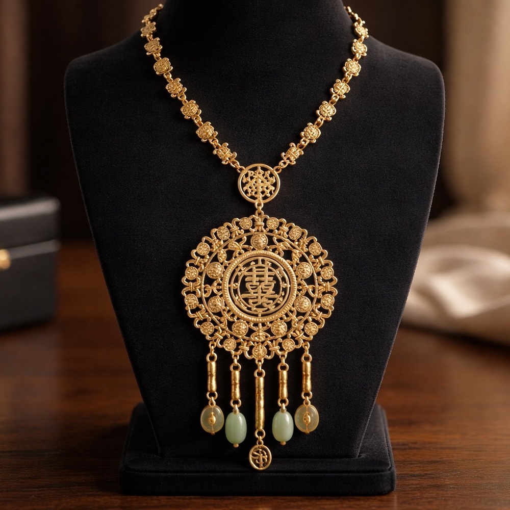 Ornate Goldette Necklace with Green Accents